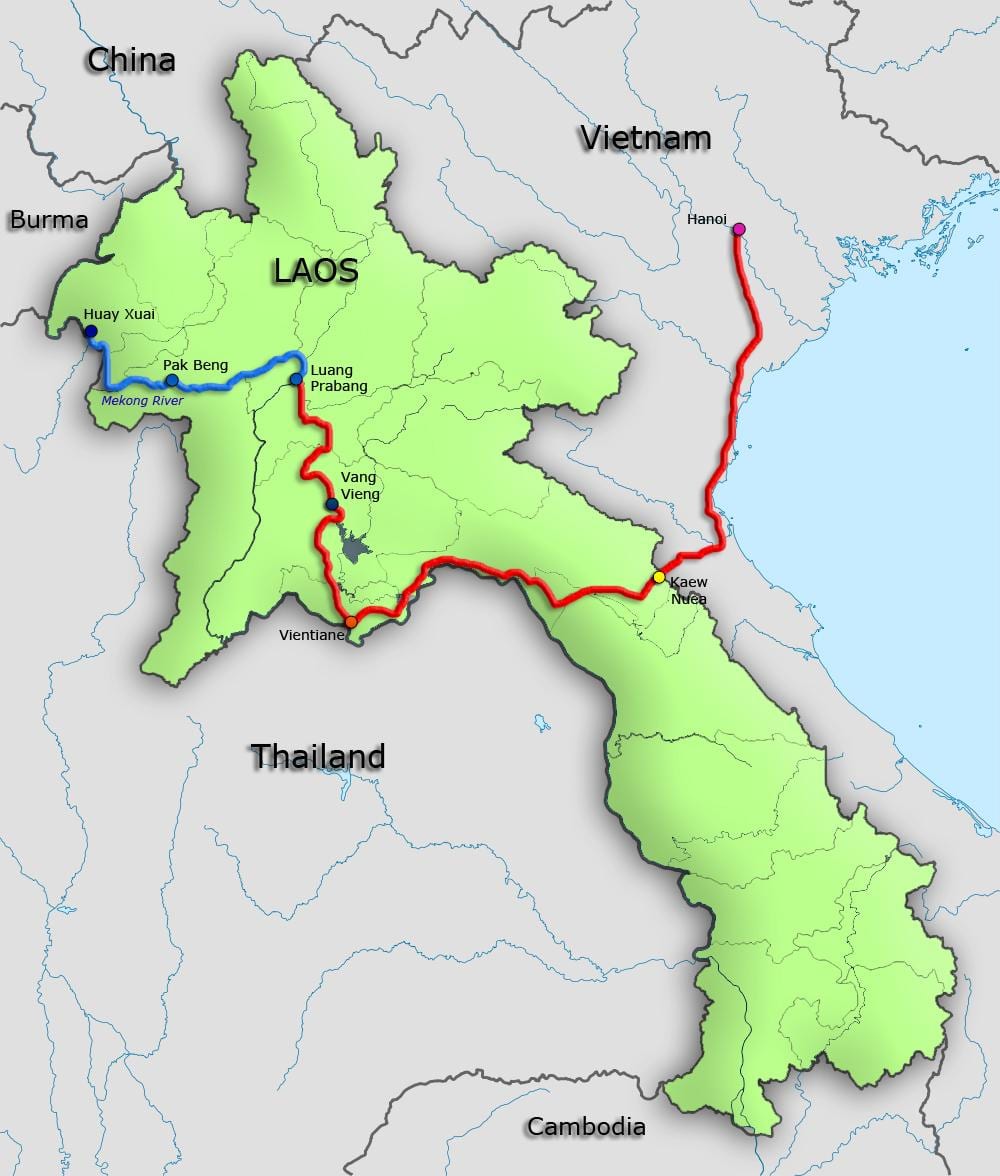 மீகாங் நதி உள்ள லாவோஸ் வரைபடம்